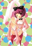  :d absurdres animal_ears boots bow bunny_ears bunnysuit copyright_request fake_animal_ears hair_bow highres itou_noiji long_sleeves one_eye_closed open_mouth red_eyes short_hair smile solo 
