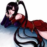  arc_system_works black_eyes black_hair blazblue blazblue:_calamity_trigger china_dress chinadress chinese_clothes dress female highres lao_jiu litchi_faye_ling long_hair lying msmt1118 panda ponytail solo very_long_hair 