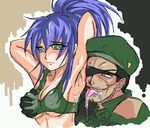  blue_hair blush breast_squeeze breasts erect_nipples forced green_eyes heidern king_of_fighters kof leona_heidern ponytail snk tongue 