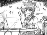  artist_self-insert bad_id bad_pixiv_id cable chair computer glasses greyscale laptop monochrome multiple_girls original smile sora_no_amagumo translated typing 