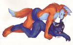  all_fours anthro blue blue_eyes canine celestialwolfen doggy_position doggystyle duo female fox from_behind lying male mammal nude on_front penetration penis red_eyes sex straight tongue wolf 