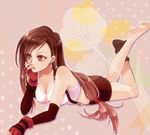  barefoot black_legwear black_socks brown_eyes brown_hair earrings feet female final_fantasy final_fantasy_vii fingerless_gloves footwear gloves jewelry long_hair lying miniskirt plover_(pixiv672641) skirt socks solo suspenders tank_top tanktop tifa_lockhart tsuntsun_(tuuuuuuntun) 