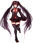  black_hair boots leg_up lips long_hair necktie red_eyes sasaki_ryou simple_background skirt solo standing standing_on_one_leg thigh_boots thighhighs twintails very_long_hair vocaloid zatsune_miku zettai_ryouiki 