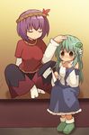  bad_id bad_pixiv_id blush child closed_eyes damaged frog gohei green_eyes green_hair hair_ornament hair_tubes highres himegi injury kochiya_sanae long_hair multiple_girls purple_hair short_hair skirt snake tears touhou yasaka_kanako 