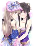  atelier_(series) atelier_totori bare_shoulders black_hair blonde_hair blue_dress blue_sleeves blush dress dress_pull grey_eyes hair_ornament hat long_hair maromi_(am97) mimi_houllier_von_schwarzlang multiple_girls off_shoulder ponytail pulled_by_another purple_dress red_eyes simple_background totooria_helmold yuri 