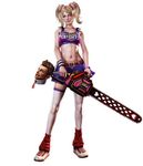  3d blonde_hair chainsaw cheerleader clothes_writing crop_top juliet_starling lollipop_chainsaw loose_socks lowres midriff navel nick_carlyle one_eye_closed severed_head shoes smile sneakers socks solo thighhighs twintails wristband 