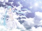  aqua_eyes aqua_hair cloud dress hair_ribbon hatsune_miku jyuru long_hair ribbon sky solo twintails very_long_hair vocaloid 