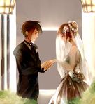  1girl back_bow bare_arms bare_shoulders black_jacket black_neckwear blush boutonniere bow breasts bridal_veil bride brown_eyes brown_hair bush closed_mouth couple cowboy_shot dress endou_mamoru flower flower_wreath from_side groom hair_bun hair_flower hair_ornament hetero holding_hand inazuma_eleven inazuma_eleven_(series) inazuma_eleven_go jacket komkomx lantern light_smile long_hair looking_at_another looking_down necktie outstretched_hand profile putting_on_jewelry raimon_natsumi rose see-through shirt short_hair sidelocks small_breasts smile strapless strapless_dress tuxedo veil wedding wedding_dress white_flower white_rose white_shirt wing_collar 