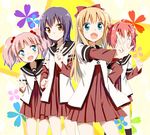  4girls :d akaza_akari blonde_hair blue_eyes brown_eyes funami_yui gochou_(atemonai_heya) hair_bobbles hair_ornament hidden_face long_sleeves md5_mismatch multiple_girls nanamori_school_uniform open_mouth pink_hair purple_hair red_hair school_uniform serafuku short_over_long_sleeves short_sleeves smile toshinou_kyouko v yoshikawa_chinatsu yuru_yuri 