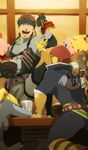  3boys absurdres alcohol blonde_hair brown_hair captain_falcon chopsticks closed_eyes drunk f-zero food gabu_kichi ganondorf gen_1_pokemon gloves headband helmet highres jigglypuff kirby kirby_(series) metal_gear_(series) metal_gear_solid metroid multiple_boys pikachu pokemon pokemon_(creature) ponytail red_hair sake samus_aran smile solid_snake super_smash_bros. teasing the_legend_of_zelda the_legend_of_zelda:_twilight_princess zero_suit 