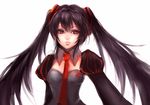  black_hair lips long_hair necktie red_eyes sasaki_ryou simple_background solo twintails upper_body very_long_hair vocaloid zatsune_miku 