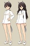  alternate_hairstyle animal_ears black_hair long_hair looking_at_viewer military military_uniform naval_uniform serious shimada_fumikane shoes short_hair solo tail uniform wakamoto_tetsuko world_witches_series 