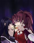  akemi_homura black_hair bow cigarette cigarette_kiss commentary_request hair_bow hair_ribbon magical_girl mahou_shoujo_madoka_magica multiple_girls mura_(kiyohime) ponytail red_eyes red_hair ribbon sakura_kyouko smoking 