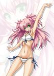  arm_up armpits atelier_(series) bikini green_eyes halftone highres long_hair mana_khemia mana_khemia_(series) navel philomel_hartung pink_hair roura side-tie_bikini solo swimsuit thighs twintails two_side_up white_background white_bikini zoom_layer 