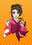  bow brown_eyes brown_hair checkered checkered_background flower fuu hair_ornament hairpin japanese_clothes kimono lips pouty_lips samurai_champloo setsuna22 solo sunflower upper_body 