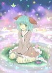  animal_ears blush bobby_socks bunchou_(bunchou3103) cloud dress fang flower green_eyes green_hair highres kasodani_kyouko leaf maple_leaf open_mouth short_hair skirt sky smile socks solo star_(sky) starry_sky touhou 