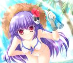  bad_id bad_pixiv_id banned_artist bikini blush breasts cleavage cloud coconut day flower front-tie_top hair_ornament hand_on_hip hanging_breasts haqua_d'rot_herminium hat hibiscus kami_nomi_zo_shiru_sekai leaning_forward light_rays long_hair medium_breasts navel one_eye_closed purple_hair ramune red_eyes skull_hair_ornament sky smile solo straw_hat suihi sunbeam sunlight swimsuit wet 