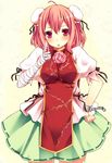  :o bandages bun_cover chain chinese_clothes cuffs double_bun flower hand_on_hip highres ibaraki_kasen index_finger_raised kaneru pink_hair red_eyes rose short_hair skirt solo touhou 