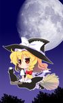  bad_id bad_pixiv_id blonde_hair braid broom broom_riding brown_eyes cat chen chen_(cat) chibi flying full_moon hat kirisame_marisa misooden moon multiple_tails solo tail touhou v_arms witch_hat 