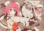  bad_id bad_pixiv_id bandages blue_eyes bun_cover chinese_clothes claws double_bun dragon eastern_dragon foreshortening hands ibaraki_kasen ogino_(oginogino) pink_hair red_eyes sharp_teeth solo tail teeth touhou upper_body 