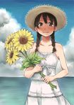  bare_shoulders black_hair braid brown_eyes cloud collarbone day dress flower hair_over_shoulder hat original shishio_(artist) solo straw_hat sundress sunflower twin_braids 