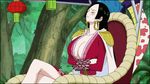  animated animated_gif black_hair boa_hancock breasts cap cleavage eyes_closed fanservice gif huge_breasts large_breasts long_hair one_piece screencap 