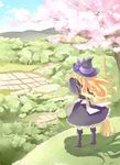 apron back bamboo_broom black_dress blonde_hair boots broom cherry_blossoms cloud day dress farm field from_behind hat kirisame_marisa long_hair nature rice_paddy scenery shimakusa_arou sky solo standing touhou tree witch_hat 