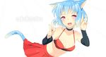  animal_ears bad_id bad_pixiv_id bare_shoulders bikini_top blue_hair blush choker detached_sleeves double_v halterneck jewelry open_mouth original pink_eyes ring short_hair simple_background skirt solo tail v zpolice 