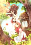  absurdres animal_ears apple apron arm_support armband bad_id bad_pixiv_id blonde_hair blue_eyes bow brown_hair bunny clover floating food fruit heart heart-shaped_pupils highres hood loafers multiple_girls omutatsu original red_eyes shoes sitting symbol-shaped_pupils tree upside-down 