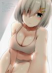  1girl absurdres bangs bare_arms bare_shoulders blue_eyes breasts cleavage closed_mouth collarbone expressionless eyebrows_visible_through_hair hair_ornament hairclip hamakaze_(kantai_collection) highres huge_filesize kantai_collection leaning_forward lips medium_breasts nagami_yuu navel scan shiny shiny_skin short_hair silver_hair simple_background stomach 