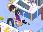  1girl animal black_hair bottle computer floor keyboard marui_hitoha messy_room mitsudomoe pc sitting yabe_satoshi 