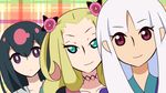  bad_id bad_pixiv_id black_hair blonde_hair blue_eyes face flower hair_flower hair_ornament hiteihime_(katanagatari) katanagatari kisaki_nana long_hair multiple_girls oniichan_no_koto_nanka_zenzen_suki_janain_dakara_ne!! parody pink_eyes purple_eyes smile togame white_hair yasuri_nanami 