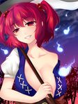  bare_shoulders breasts cleavage collarbone flower grin hair_bobbles hair_ornament hitodama huge_breasts off_shoulder onozuka_komachi red_eyes red_hair rona090 scythe smile solo spider_lily teeth touhou two_side_up upper_body 