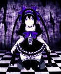  black_hair black_legwear bow checkered checkered_floor choker dress dress_lift frills hair_bow hair_ornament hairband hata-tan highres himekaidou_hatate kneeling lolita_fashion long_hair no_nose open_mouth purple_eyes rui_(hershe) solo thighhighs touhou twintails zettai_ryouiki 