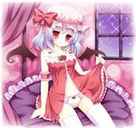  alternate_costume arm_garter babydoll bad_id bad_pixiv_id blue_hair blush collarbone fang flower frilled_pillow frills hat hat_ribbon kouta. light_smile navel panties pillow red_eyes red_flower red_rose remilia_scarlet ribbon rose short_hair sitting solo thighhighs touhou underwear underwear_only white_legwear white_panties window wings 