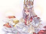  crown cup dress dress_of_heaven fate/hollow_ataraxia fate/stay_night fate_(series) goblet highres illyasviel_von_einzbern long_hair red_eyes sleeves_past_wrists solo tenkuu_sphere wallpaper white_hair 