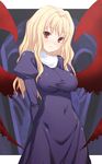  47agdragon arms_behind_back blonde_hair blush breasts demon_girl highres impossible_clothes large_breasts long_hair nun original red_eyes slit_pupils smile solo wings 