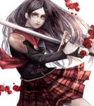  akademeia_uniform bad_id bad_pixiv_id black_hair blood blood_splatter brown_eyes final_fantasy final_fantasy_type-0 glasses hair_ornament hairclip haruhito1211 long_hair plaid plaid_skirt queen_(fft-0) skirt solo sword weapon 