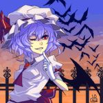  arlmuffin ascot bat bat_wings brooch gloves hat jewelry lavender_hair lowres oekaki one_eye_closed red_eyes remilia_scarlet short_hair solo too_many too_many_bats touhou upper_body white_gloves wings 