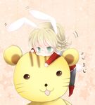  animal_ears bad_id bad_pixiv_id barnaby_brooks_jr blonde_hair boots bunny_ears bunny_tail chibi glasses green_eyes jacket kemonomimi_mode male_focus motion_lines red_jacket solo stuffed_animal stuffed_tiger stuffed_toy tail tiger_&amp;_bunny yuzuame 