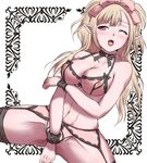 black_legwear black_thighhighs blonde_hair blush bow bra breasts cleavage covering fang female hair_bow ko_ricalling koori_(haraiso) lingerie long_hair navel nippleless_clothes nippleless_clothing nipples open_mouth original pantyhose pointy_ears red_eyes see-through sitting solo thighhighs underwear wince 