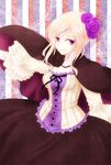  anni_shiro axis_powers_hetalia bad_id bad_pixiv_id blonde_hair cape dress flower france_(hetalia) genderswap genderswap_(mtf) hair_flower hair_ornament outstretched_arm purple_eyes rose smile solo 