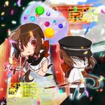  boots brown_hair chibi hammer hat koto_(kyousogiga) koto_(kyousougiga) kyousogiga kyousougiga long_hair mask open_mouth ponytail red_eyes school_uniform solo weapon 