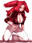  breasts cleavage covered_nipples drill_hair fumio_(rsqkr) heroman jacket kneeling large_breasts long_hair red_eyes red_hair simple_background solo vera_collins 
