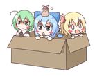  :&lt; :3 :d animal animal_on_head antennae bird bird_on_head blonde_hair blue_eyes blue_hair blush_stickers bow box cape cardboard_box chibi cirno closed_mouth green_eyes green_hair hair_bow hair_ribbon hat kukku multiple_girls mystia_lorelei mystia_lorelei_(bird) o_o on_head open_mouth ribbon rumia short_hair smile sparkle team_9 touhou v-shaped_eyebrows wings wriggle_nightbug 