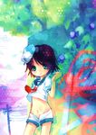  absurdres acidear anchor bad_id bad_pixiv_id black_hair green_eyes groin hat highres midriff murasa_minamitsu navel open_fly open_mouth panties sailor sailor_hat short_hair shorts solo striped striped_panties touhou tree underwear unzipped 