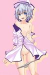  bad_id bad_pixiv_id bare_shoulders blue_eyes bottomless breasts censored collarbone fang hat merlin_prismriver navel nipples no_bra off_shoulder open_clothes panties panty_pull pointless_censoring pussy short_hair silver_hair small_breasts smile solo takiteru touhou underwear 