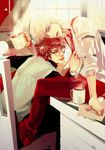  2boys blonde_hair brown_hair chair coffee_cup cug draco_malfoy glasses harry_james_potter harry_potter indoors kitchen male male_focus multiple_boys necktie paper sitting steam yaoi 