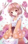  apron blush brown_eyes brown_hair cherry_blossoms flower hair_flower hair_ornament hanasaku_iroha japanese_clothes kimono matsumae_ohana open_mouth shimokirin short_hair smile solo tray 