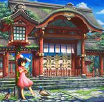  album_cover animal animal_ears architecture barefoot bird black_hair building bunny_ears bunny_tail cloud cover day dress duck east_asian_architecture ema fence flower garden grass highres house inaba_tewi jewelry kirisame_marisa lantern necklace outdoors pink_dress ranka_(tonbo) red_eyes ribbon scenery short_hair shrine sky smile stairs tail touhou tree wooden_lantern 